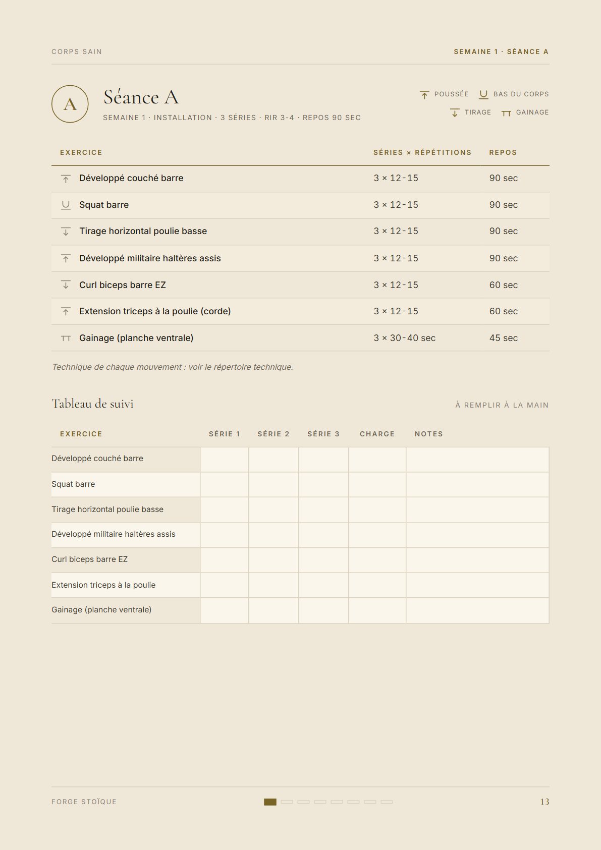 Page de séance avec le tableau des exercices et le tableau de suivi
