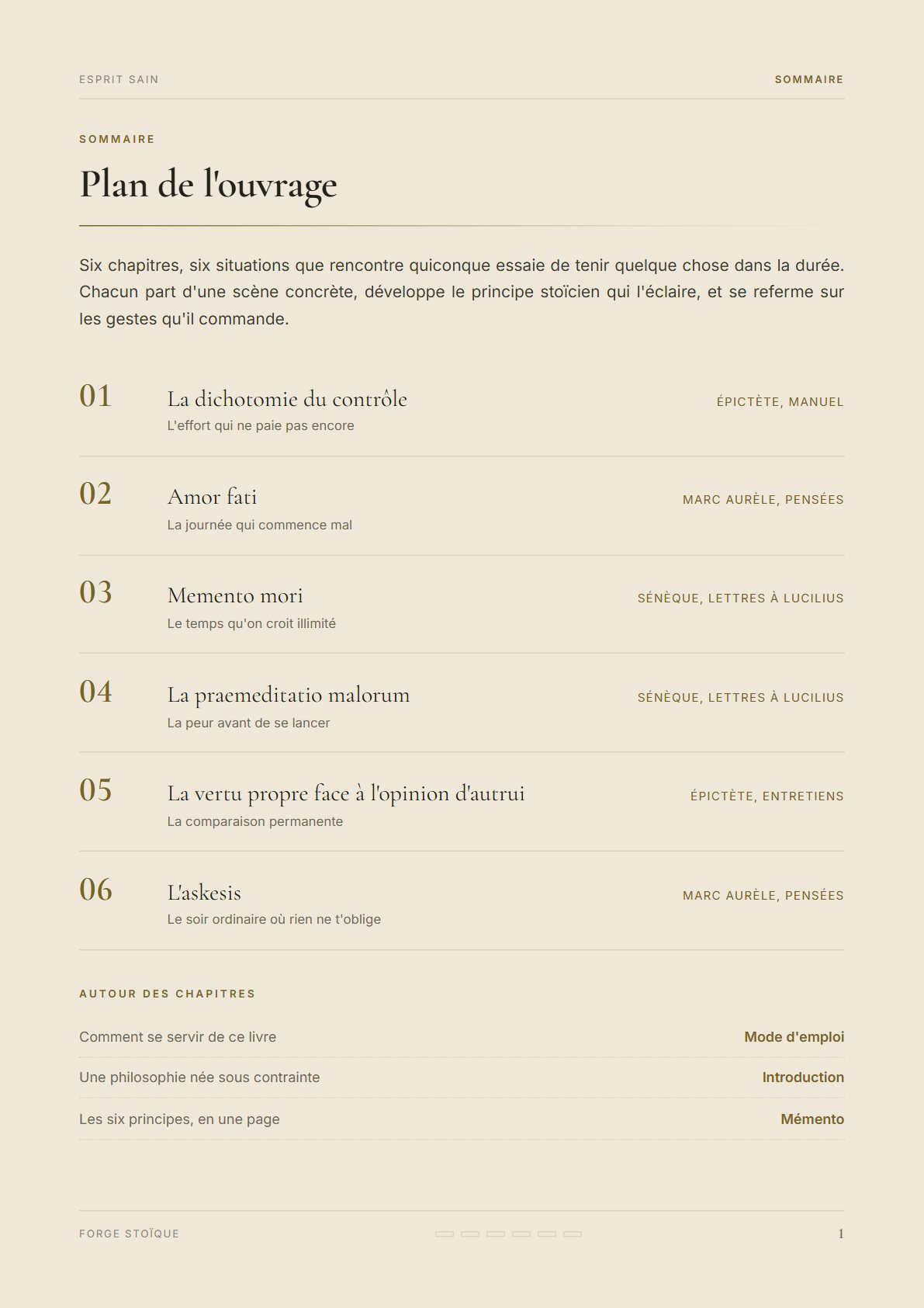 Sommaire de l'ebook : les six chapitres et leurs sources